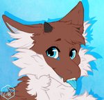 anthro blue_eyes brown_body brown_fur fangs fur horn male solo teeth tongue tongue_out white_body white_fur bumblewish_(artist) mythology dragon mythological_creature mythological_scalie scalie headshot_portrait hi_res portrait