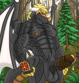 armor balls biceps big_balls big_penis black_body blue_eyes bodily_fluids cum cum_drip cum_on_penis dripping foreskin forest forest_background genital_fluids genitals grass headgear headgear_only helmet helmet_only horn horned_helmet male multicolored_penis muscular muscular_male nipples pecs penis plant solo tail thick_tail thick_thighs tree vein veiny_muscles veiny_penis wings wristband kingmana bandai_namco digimon digimon_(species) dinosaur emperorgreymon greymon prehistoric_species reptile scalie absurd_res hi_res
