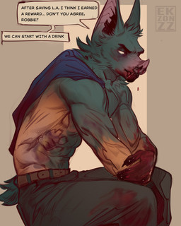 anthro bat_ears big_ears biped blood blood_on_hand blood_on_mouth bodily_fluids clothed clothing empty_eyes fangs fur logo male male_anthro muscular muscular_anthro muscular_male nosebleed rectangular_speech_bubble side_view sitting solo speech_bubble teeth text topless topless_anthro topless_male ekzonzz dispatch sonar_(dispatch) bat humanoid hybrid mammal absurd_res artist_logo digital_drawing_(artwork) digital_media_(artwork) english_text hi_res shaded simple_shading