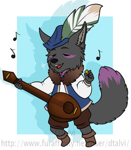 anthro clothed clothing eyes_closed fur hair hat headgear headwear lute male musical_instrument open_mouth plucked_string_instrument solo standing string_instrument dtalvi canid canine mammal hi_res