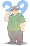 anthro bottomwear clothing eyes_closed eyewear glasses kemono male overweight overweight_male pants pink_body shirt simple_background solo topwear inunoshippo domestic_pig mammal suid suine sus_(pig) 2024 hi_res