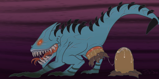 ambiguous_fluids animal_genitalia blue_body bodily_fluids cloaca drooling egg female feral genitals leaking open_mouth oviposition raised_tail saliva solo tail tailbutt teeth thick_tail p.v.su prana alien demon hi_res