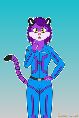 anthro belt black_body black_fur black_stripes blue_clothing clothing female fur hair jumpsuit markings name_tag purple_body purple_clothing purple_fur purple_hair solo striped_markings striped_tail stripes tail tail_markings white_body white_fur yellow_eyes scoutthecat02 crystal_the_tiger felid mammal pantherine tiger hi_res