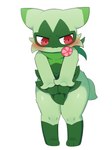 ambiguous_gender anthro biped blush fur green_body green_fur looking_down red_eyes simple_background solo white_background sum nintendo pokemon floragato generation_9_pokemon pokemon_(species) hi_res