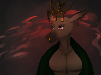 anthro antler_headband antler_jewelry antlers brown_body brown_fur chain clothing cross ear_piercing ear_ring eyelashes facial_piercing fog fur gold_(metal) gold_chain hell horn long_ears male nipples nose_piercing nose_ring occult_symbol pentagram piercing ring ring_piercing robe septum_piercing septum_ring smoke solo symbol yellow_eyes psycheapple deer mammal hi_res