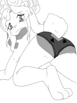anthro clothing female floppy_ears fur hair lace looking_at_viewer looking_back lop_ears paws rear_view simple_background smile solo underwear raveneevee lagomorph leporid mammal rabbit 3:4 absurd_res hi_res line_art monochrome