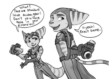 anthro blush clothed clothing cock_gag cybernetic_arm cybernetic_limb dialogue dildo_mask duo ear_piercing ear_ring embarrassed eyewear female gag gas_mask goggles looking_away male mask piercing ring_piercing stripes tail text thick_tail thin_tail black-kitten ratchet_and_clank sony_corporation sony_interactive_entertainment ratchet_(ratchet_and_clank) rivet_(ratchet_and_clank) lombax mammal black_and_white digital_drawing_(artwork) digital_media_(artwork) english_text hi_res line_art monochrome sketch