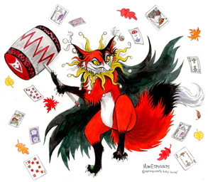 anthro big_hammer cape card claws clothing digit_ring feet female finger_claws fox_tail hammer jester jewelry leaf magic_user playing_card ring sharp_teeth simple_background solo teeth toe_claws toe_ring toes tools white_background witch mariesposeets mad_jacqui canid canine fox mammal hi_res