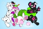 amber_eyes antennae_(anatomy) anthro black_body black_fur black_nose black_spots blush blush_lines bodily_fluids breasts button_ears egg female floppy_ears fur genitals green_hair green_tentacles group hair head_tuft licking male male/female markings nude oviposition pawpads pink_body pink_fur pink_nose pink_pawpads pink_pussy pink_stripes pink_tongue pouch_(anatomy) purple_body purple_fur pussy spots spotted_body spotted_fur striped_body stripes sweat sweatdrop tentacle_around_torso tentacles tongue tongue_out toony trio tuft white_body white_fur white_inner_ear white_spots wintersnowolf pup1k snazzles spunk_(pup1k) alien canid canine canis dalmatian domestic_dog hybrid mammal 2020