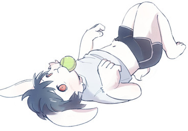 5_fingers anthro ball_in_mouth black_hair bottomwear cheek_tuft clothed clothing dolphin_shorts facial_tuft fingers fur hair looking_at_viewer lying male navel object_in_mouth on_back shirt short_hair shorts simple_background solo topwear tuft white_background white_body white_clothing white_fur white_shirt white_topwear arnd_dawn lagomorph leporid mammal rabbit colored digital_drawing_(artwork) digital_media_(artwork) hi_res
