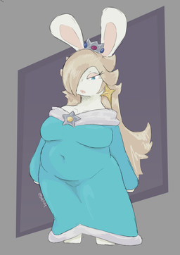 annoyed anthro big_breasts blonde_hair blue_clothing blue_dress blue_eyes breasts closed_frown clothing crown dress ear_piercing eyelashes featureless_hands female female_anthro frown fur gem grey_background hair hair_over_eye half-closed_eyes headgear light long_hair looking_at_viewer mouth_closed narrowed_eyes navel_outline noseless overweight overweight_anthro overweight_female piercing ruby_(gem) sapphire_(gem) simple_background solo standing star_ear_piercing tan_eyelids tan_inner_ear text thin_eyebrows white_body white_fur buleruby mario_bros mario_plus_rabbids_sparks_of_hope nintendo raving_rabbids rayman_(series) ubisoft rabbid_rosalina lagomorph mammal rabbid 2025 absurd_res artist_name colored crossover digital_drawing_(artwork) digital_media_(artwork) english_description full-length_portrait hi_res lighting portrait shaded