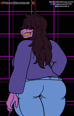 anthro back_boob bared_teeth big_breasts big_butt bottomwear breasts butt butt_focus clothing dark_hair denim denim_bottomwear denim_clothing female geometric_background grid_background hair hair_over_eye jeans long_hair looking_at_viewer looking_back messy_hair pants patreon_username pattern_background purple_body purple_clothing purple_shirt purple_topwear sharp_teeth shirt simple_background smile smirk solo teeth text topwear yellow_teeth boobfan06 deltarune undertale_(series) susie_(deltarune) scalie 2025 artist_name flat_colors hi_res