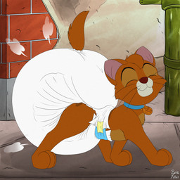 3_toes ambiguous_gender big_diaper blue_collar brick brick_wall clean_diaper clothed clothing cloud_emanata collar collar_tag detailed_background diaper diaper_fetish diaper_puff emanata eyes_closed feet feral fur multicolored_body multicolored_fur orange_body orange_fur orange_tail pink_inner_ear pipe red_nose side_view sidewalk smile solo tail tan_body tan_fur text toes walking wall_(structure) wearing_diaper whisker_spots whiskers white_diaper burritokitten disney oliver_and_company oliver_(disney) domestic_cat felid feline felis mammal 1:1 2026 absurd_res artist_name character_name full-length_portrait hi_res portrait signature male_(lore)