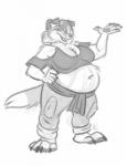 anthro belly big_belly big_breasts breasts claws clothed clothing feet female fur hair looking_at_viewer overweight overweight_anthro overweight_female paws pose smile solo topwear codymcdowd nicnak044 canid canine canis domestic_dog mammal digital_media_(artwork) hi_res monochrome