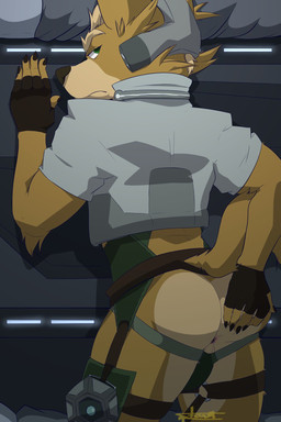 annoyed anthro anus armor backsack balls black_clothing black_jockstrap black_underwear bulge butt clothed clothing fingerless_gloves genitals gloves handwear jacket jockstrap looking_back male skimpy solo spread_butt spreading topwear unconvincing_armor underwear marcofox nintendo star_fox fox_mccloud canid canine fox mammal 2:3 hi_res