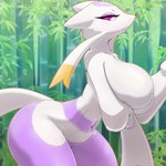 anthro bamboo big_breasts breasts female forest forest_background fur holding_breast huge_breasts nature nature_background navel nude outside plant purple_body purple_eyes purple_fur purple_nose solo tail tree white_body white_ears white_fur white_tail yellow_body yellow_fur ebino_senaka nintendo pokemon generation_5_pokemon mienshao pokemon_(species) 1:1 absurd_res hi_res