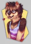 anthro blonde_hair blonde_highlights blue_eyes brown_body brown_fur brown_hair brown_nose clothed clothing eyewear femboy fur glasses hair heart_symbol highlights_(coloring) inner_ear_fluff male messy_hair multicolored_body multicolored_fur multicolored_hair shirt solo tan_body tan_fur topwear tuft two_tone_hair goldenemotions huskyluw terry_(roanoak) canid canine canis domestic_dog mammal shiba_inu spitz artist_collaboration digital_media_(artwork) hi_res shaded trans_(lore) trans_man_(lore)