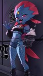 4_fingers anthro biped blue_body blue_fur breasts clothed clothing cute_fangs eyebrows fangs female fingers fishnet_clothing fur looking_at_viewer open_mouth pupils red_eyes small_breasts solo standing teeth tongue tongue_out azuu nintendo pokemon generation_4_pokemon pokemon_(species) weavile hi_res