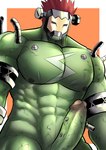 abs biceps erection genitals green_body hair male metal muscular muscular_male nipples not_furry nude obliques pecs penis red_hair simple_background solo vein veiny_muscles veiny_penis tofuboyz bandai_namco digimon boltmon digimon_(species) humanoid undead hi_res