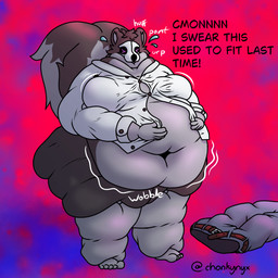 anthro bottomwear clothed clothing denim denim_bottomwear denim_clothing female jeans obese obese_anthro obese_female onomatopoeia overweight overweight_anthro overweight_female pants partially_clothed shirt skunk_tail sound_effects text topwear chonkynyx mammal mephitid skunk 1:1