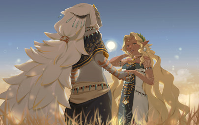 anthro blonde_hair claws clothed clothed_anthro clothed_female clothed_humanoid clothed_male clothing cloud dark_body dark_skin dress duo ear_piercing facing_each_other female fur grass grey_body grey_fur hair hand_in_hair horn jewelry lens_flare long_hair low-angle_view male midriff open_mouth outside piercing plant secret_stone sky standing sun teeth three-quarter_view tongue touching_hair white_hair michio nintendo tears_of_the_kingdom the_legend_of_zelda rauru_(tears_of_the_kingdom) sonia_(tloz) humanoid hylian zonai 2023 absurd_res hi_res portrait three-quarter_portrait