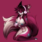 anthro big_breasts blue_eyes breasts controller curvy_figure ear_piercing electronics female fur game_controller gaming genitals headgear headphones holding_object inner_ear_fluff kneeling looking_at_viewer magenta_fur markings nipple_piercing nipples nude piercing pussy simple_background smile solo tuft womb_tattoo mega_moppa rose_the_foxxo canid canine fox mammal 1:1 2022 absurd_res hi_res