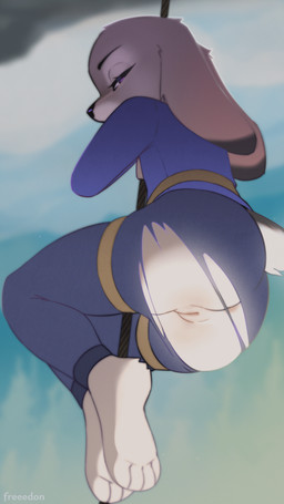 anthro anus barefoot biped black_nose butt clothing dipstick_ears ear_markings eyebrows feet female fur genitals grey_body grey_fur grey_tail looking_at_viewer multicolored_body multicolored_ears multicolored_fur purple_eyes rapelling scut_tail short_tail solo tail torn_clothing vulva white_body white_fur white_tail freeedon disney zootopia judy_hopps european_rabbit lagomorph leporid mammal oryctolagus rabbit 2d_animation 9:16 animated frame_by_frame hi_res