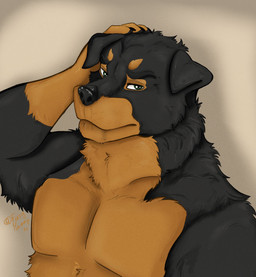 anthro black_body black_fur brown_body brown_fur fur green_eyes looking_at_viewer male male_anthro solo furrymammy canid canine canis domestic_dog mammal mastiff molosser rottweiler hi_res
