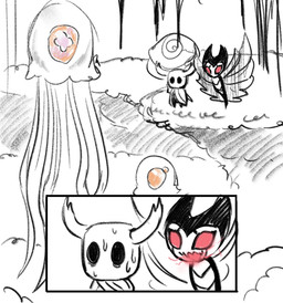 2_horns 2_panel_comic ambiguous_gender anthro biped black_eyes bodily_fluids cloak clothed clothing duo empty_eyes feral horn imminent_death imminent_shot melee_weapon nail_(weapon) open_mouth open_smile outside red_eyes smile standing sweat sweatdrop weapon weapon_on_back wings boopie hollow_knight_(franchise) team_cherry grimmchild_(hollow_knight) the_knight_(hollow_knight) aquatic arthropod cnidarian insect jellyfish medusozoan vessel_(species) comic hi_res meme sketch