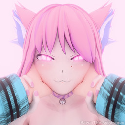 bell bell_collar blue_clothing blush clothed clothing collar colored_nails disembodied_hand duo femboy fingernails fingers fur glowing glowing_eyes hair hand_on_face hand_on_head holding_another holding_face looking_at_viewer male nails nude pattern_clothing pink_hair simple_background solo solo_focus text kawa_the_asparagus adrian_(tightertemp) animal_humanoid cat_humanoid domestic_cat felid felid_humanoid feline feline_humanoid felis human humanoid mammal mammal_humanoid 1:1 3d_(artwork) absurd_res blender_(artwork) blender_cycles_(artwork) digital_media_(artwork) hi_res