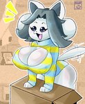 anthro beverage big_breasts blush blush_lines box breasts cleavage clothed clothing container cup excited female happy solo store tea_cup white_body moonix_xero undertale undertale_(series) temmie_(undertale) canid canine felid feline mammal tem absurd_res hi_res