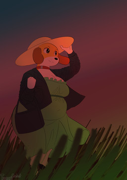 bag belly big_belly big_breasts breasts clothing collar female grass grass_field jacket plant smile sunset topwear toonarscontent martha_speaks martha_lorraine canid canine canis domestic_dog mammal absurd_res hi_res