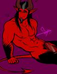 abs beard biceps black_hair body_hair empty_eyes facial_hair grey_hair hair horn male multicolored_hair muscular muscular_humanoid muscular_male nipples nude pecs purple_background reclining red_body red_skin simple_background smile smirk solo two_tone_hair yellow_eyes bgn red_(bgn) demon humanoid digital_media_(artwork)