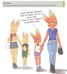 2017 age_difference amelie_(bunnybits) anthro big_ears biped black_collar blue_clothing blue_shirt blue_t-shirt blue_topwear bottomwear bunnybits cheek_tuft chest_tuft child claire_(bunnybits) clothing collar conditional_dnp daughter_(lore) denim denim_bottomwear denim_clothing digital_media_(artwork) english_text facial_tuft female firebunny front_view fur gradient_fur green_bottomwear green_clothing green_eyes green_shorts group hair hand_holding holding_bag jeans lagomorph leporid male mammal mother_(lore) mother_and_child_(lore) mother_and_daughter_(lore) older_female open_mouth orange_body orange_fur orange_hair pants parent_(lore) parent_and_child_(lore) parent_and_daughter_(lore) pink_nose rabbit rear_view red_clothing red_topwear scut_tail shadow shirt short_hair short_tail shorts t-shirt tail teeth text topwear tuft walking yellow_body yellow_eyes yellow_fur young young_anthro