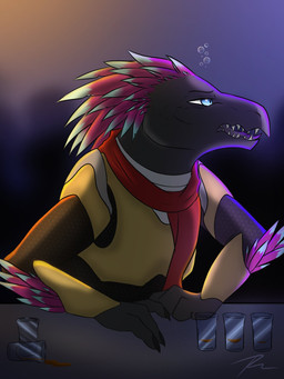 3_fingers anthro arm_feathers arm_tuft armor blue_eyes bubble clothed clothing container cup drinking_glass drunk drunk_bubble feather_hair feathered_crest feathers female fingers flat_chested glass glass_container glass_cup head_crest highlights_(coloring) pink_body pink_feathers pseudo_hair scarf sharp_teeth shot_glass solo substance_intoxication teeth tuft rainey_(artist) halo_(series) microsoft xbox_game_studios alien avian kig-yar scalie t'vaoan 3:4 hi_res