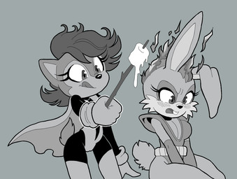 candy cape clothing dessert eyelashes female food marshmallow rabbit_ears solo tail fuckwolfamy archie_comics sega sonic_the_hedgehog_(archie) sonic_the_hedgehog_(comics) sonic_the_hedgehog_(series) bunni_(archie_sonic) saleta_acorn chipmunk ground_squirrel lagomorph leporid mammal rabbit rodent sciurid greyscale monochrome