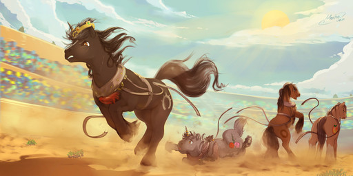 ambiguous_gender black_body black_fur black_hair brown_body brown_eyes brown_fur crowd crown cutie_mark day detailed_background feral fur group hair headgear hooves outside running sky standing sun tan_body tan_fur mechagen hasbro my_little_pony fan_character earth_pony equid equine horse mammal pony absurd_res hi_res