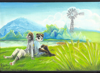 anthro black_body black_fur black_nose blue_bottomwear blue_clothing blue_shirt blue_shorts blue_sky blue_t-shirt blue_topwear bottomwear brown_hair clothed clothing cloud duo fur grass grey_body grey_fur hair jacket logo male mouth_closed pants plant shirt short_hair shorts side_view sitting sky t-shirt topwear tree white_body white_bottomwear white_clothing white_fur white_jacket white_pants white_topwear windmill young young_anthro young_male pandapaco bear giant_panda lagomorph leporid mammal rabbit 2011 artist_logo dated signature