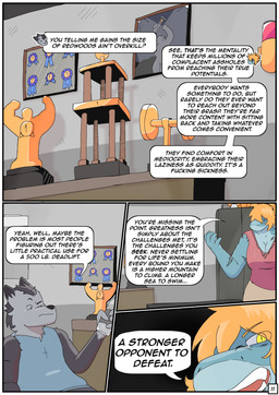 alcohol_bottle anthro award beverage_bottle big_breasts black_body black_fur blue_body blue_ribbon blue_skin bottle breasts cleavage clothed clothing collared_shirt container dialogue dramatic eyebrows female fur gold_(metal) grey_body grey_fur hair male mohawk muscular muscular_anthro muscular_female office page_number photo polo_shirt ponytail profanity raised_eyebrow scar shirt speech_bubble tank_top text topwear torn_clothing torn_shirt torn_topwear trophy zoom_in ferrx strays_in_paradise dark_matter_(li'l_melon) omega_snatch_(strays_in_paradise) ambiguous_species aquatic canid canine fish mammal shark absurd_res comic english_text hi_res