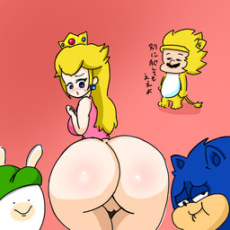 3_toes anthro big_butt black_eyebrows black_eyes black_nose blue_body blue_ear_piercing blue_eyes blue_fur blush bodily_fluids bottomless bottomless_female bottomless_human breasts butt closed_smile clothed clothed_anthro clothed_female clothing crown dot_eyes ear_piercing eyebrows eyelashes feet female female_human fist fur gem genitals gradient_background green_clothing green_hat green_headwear group hair half-closed_eyes hat headgear headwear huge_butt light long_ears long_hair looking_at_another looking_at_own_butt looking_at_viewer male male_anthro male_human mouth_closed multicolored_body narrowed_eyes noseless piercing pink_clothing pink_shirt pink_tank_top pink_topwear princess red_background royalty ruby_(gem) sapphire_(gem) shirt simple_background simple_eyes smile smiling_at_viewer smug_face sweat sweatdrop tail tan_body tan_inner_ear tan_skin tank_top text thin_eyebrows toes topwear two_tone_body vulva white_body white_fur yellow_outfit yellow_tail osirisky bowser's_fury mario_bros mario_plus_rabbids_kingdom_battle nintendo raving_rabbids rayman_(series) sega sonic_the_hedgehog_(series) ubisoft giga_cat_mario mario princess_peach rabbid_luigi sonic_the_hedgehog eulipotyphlan hedgehog human lagomorph mammal rabbid 1:1 2021 colored crossover digital_drawing_(artwork) digital_media_(artwork) japanese_description japanese_text lighting shaded translation_request