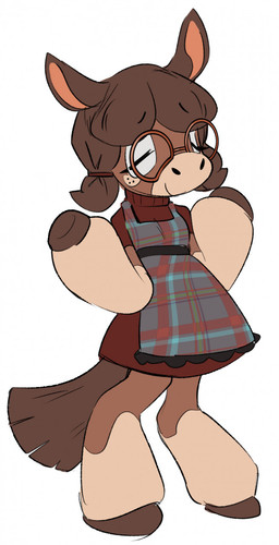 accessory anthro biped bottomwear brown_body brown_clothing brown_dress brown_fur brown_hair clothing countershade_face countershade_fur countershading digitigrade dress eyelashes eyewear female freckles fur glasses hair hair_accessory hair_tie hooves horizontal_pupils leg_markings markings pattern_bottomwear pattern_clothing pattern_skirt pattern_topwear pigtails pink_inner_ear plaid plaid_bottomwear plaid_clothing plaid_skirt plaid_topwear pupils round_glasses simple_background skirt smile snout socks_(marking) solo standing tail tan_body tan_fur topwear white_background batruse nintendo pokemon josie_may_(batruse) equid equine generation_7_pokemon horse mammal mudbray pokemon_(species) 2021 colored_sketch hi_res sketch trans_(lore) trans_woman_(lore)