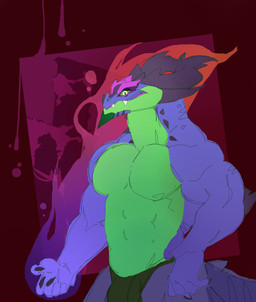 2_horns abs abstract_background anthro bulge chin_spikes claws clothing facial_spikes finger_claws green_body green_clothing green_eyes green_scales green_sclera green_underwear horn male muscular muscular_anthro muscular_arms muscular_male overbite pecs pink_background purple_body purple_scales scales sharp_teeth simple_background solo spikes spikes_(anatomy) standing tail teeth underwear viridiusgreen mythology dragon mythological_creature mythological_scalie scalie 2024 absurd_res hi_res portrait three-quarter_portrait