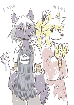 anthro asian_clothing chibi clothing east_asian_clothing female group japanese_clothing kimono male talon_arms trio brown_tail_(artist) aranami_kujira canid canine canis mammal wolf absurd_res hi_res father_(lore) mother_(lore) parent_(lore)