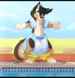 4_toes 5_fingers ambiguous_gender anthro big_diaper black_ear_tips black_hair black_nose blush blush_lines bodily_fluids brown_body brown_fur brown_tail clothed clothing cloud diaper dipstick_ears dripping dripping_wet ear_markings feet fingers flotation_device flying_sweatdrops fur gloves_(marking) grass hair huge_diaper inner_ear_fluff markings multicolored_body multicolored_ears multicolored_fur multicolored_tail pattern_clothing pattern_swimwear pink_inner_ear plant puddle sky solo spots spotted_clothing spotted_swimwear standing sweat sweatdrop swimming_pool swimming_trunks swimming_trunks_down swimwear tail tan_body tan_fur tan_inner_ear_fluff tan_tail toes tuft unclean_diaper water waterlogged_diaper wearing_diaper wet wet_hair whisker_spots yellow_clothing yellow_swimwear jupiters jack_cabbit domestic_cat felid feline felis hybrid lagomorph leporid mammal rabbit hi_res letterbox