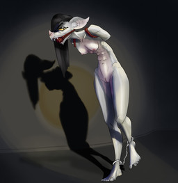 abs areola arms_tied athletic ball_gag bat_nose bdsm black_hair bodily_fluids bondage bound breasts cast_shadow claws cuff_(restraint) cuffed_ankles drooling eyeshadow fangs female gag gagged genitals glistening glistening_body grey_body hair handcuffs hands_behind_back humanoid_genitalia humanoid_vulva hunched_over inner_ear_fluff long_hair makeup metal_cuffs multicolored_body nude pink_areola plantigrade red_rope restraints rope rope_bondage saliva simple_background small_breasts solo spotlight straight_hair teeth toe_claws tuft two_tone_body vignette vulva walking yellow_sclera metaphos bat mammal 2025 absurd_res digital_media_(artwork) digital_painting_(artwork) hi_res painting_(artwork)