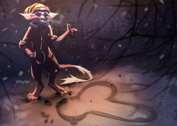 anthro biped cigarette clothed clothing detailed_background digitigrade eyes_closed facial_tuft hat headgear headwear outside paws smile smoking snow snowing solo standing teeth tracksuit tuft hyilpi canid canine mammal 2020 digital_media_(artwork) hi_res
