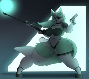 anthro armwear big_breasts breasts choker clothed clothing curvy_figure eye_patch eyewear female footwear gloves gun handgun handwear holding_object holding_weapon huge_breasts jewelry legwear maid_uniform necklace pistol ranged_weapon rifle shoes simple_background sniper_rifle solo thong underwear uniform weapon photolol.03 in_heat_(game) ari_(in_heat) canid canine canis mammal wolf hi_res