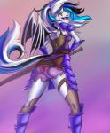 anthro butt clothing female hair melee_weapon solo sword weapon wings prisma6 hasbro my_little_pony bat bat_pony equid equine mammal hi_res