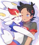 abstract_background ambiguous_gender anthro black_hair blue_eyes blush blush_lines cheek_to_cheek duo eyelashes eyes_closed fur hair hug male one_eye_closed tail teeth white_body white_fur maaomei nintendo pokemon goh_(pokemon) cinderace generation_8_pokemon human lagomorph mammal pokemon_(species) 2025 hi_res signature