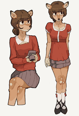 anthro biped blouse bottomwear brown_body brown_fur brown_hair camera clothed clothed_female clothing crossed_legs female footwear front_view fully_clothed fully_clothed_female fur hair holding_camera holding_object red_clothing simple_background sitting skirt socks solo standing topwear white_background hhonchkrow234 deer mammal absurd_res hi_res
